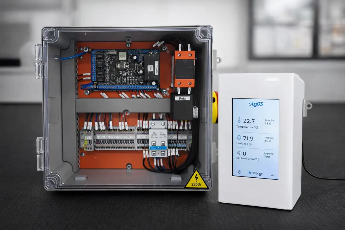 Open automation panel with STG AHU controller and 4.3-inch stg03 HMI