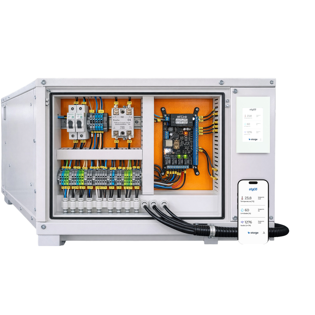 Open AHU automation panel, with STG AHU controller, switching and protection, and the HMI beside it